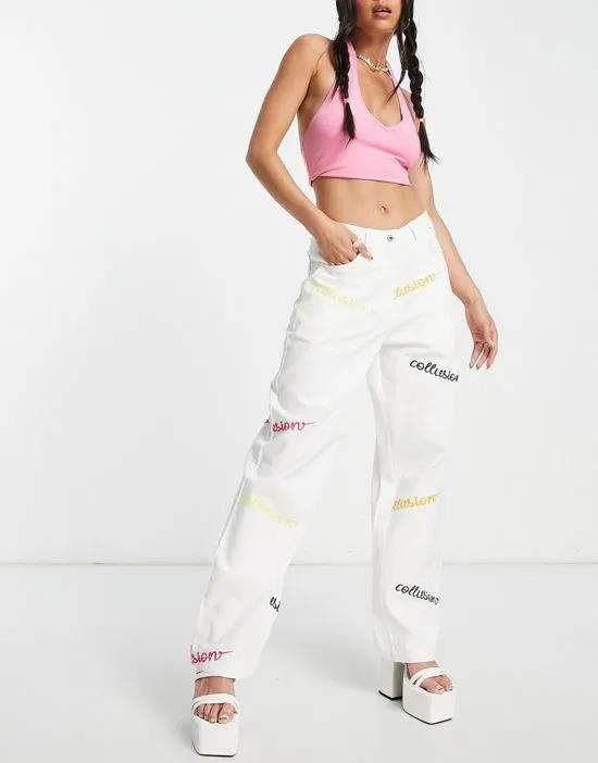 COLLUSION 90s straight leg pants with branded embroidery in white - part of a set