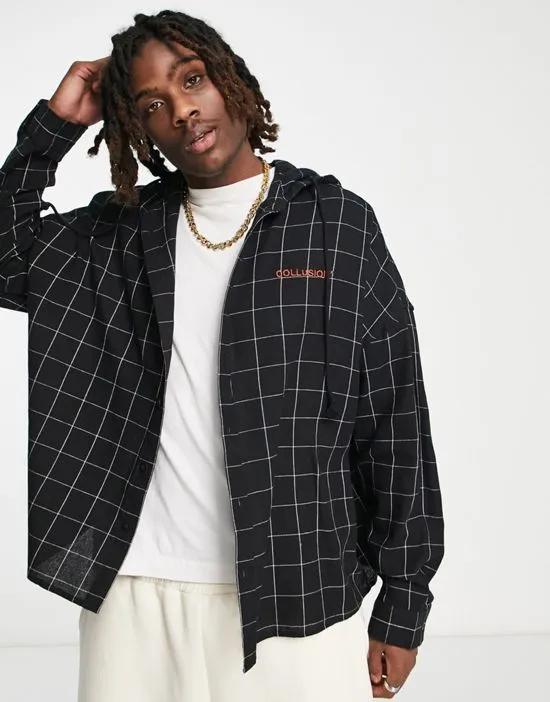 COLLUSION brushed plaid shirt with hoodie detail in black
