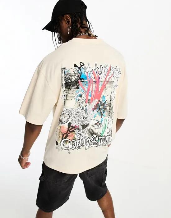 COLLUSION collage back graphic T-shirt in stone