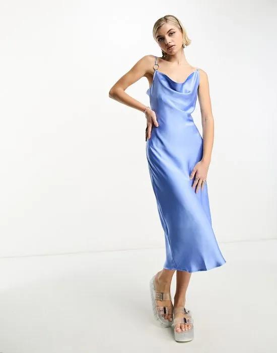 COLLUSION cowl neck metal ring detail slip maxi dress in blue