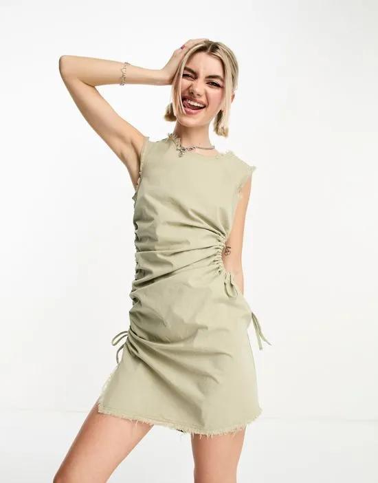 COLLUSION cut out ruched shift summer dress in washed green