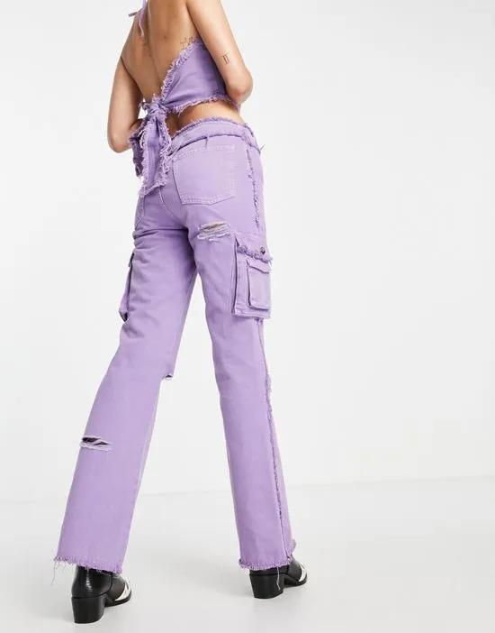 COLLUSION festival cargo detail flare jean with distressed seams in purple - part of a set