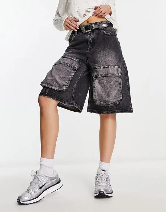 COLLUSION festival longline baggy denim short with cargo pockets in washed black