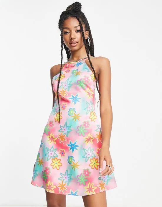 COLLUSION floral print chain strap detail mini dress in pink