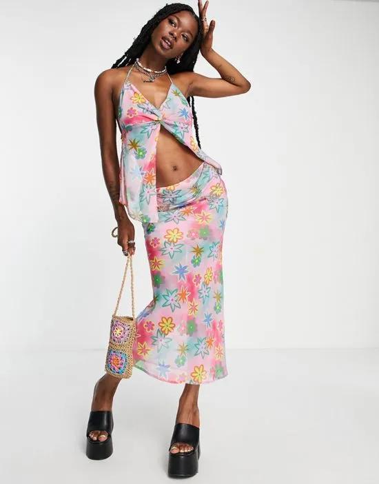 COLLUSION floral printed midi skirt in pink