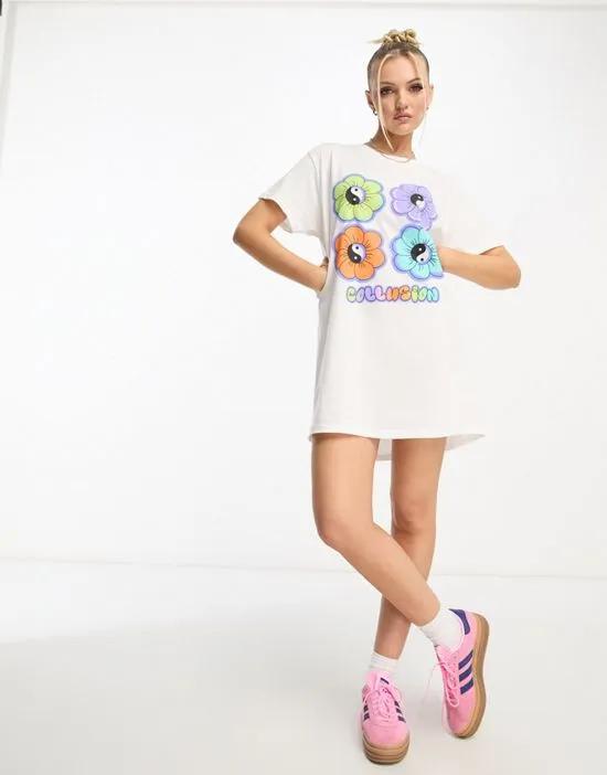 COLLUSION flower print T-shirt dress in white