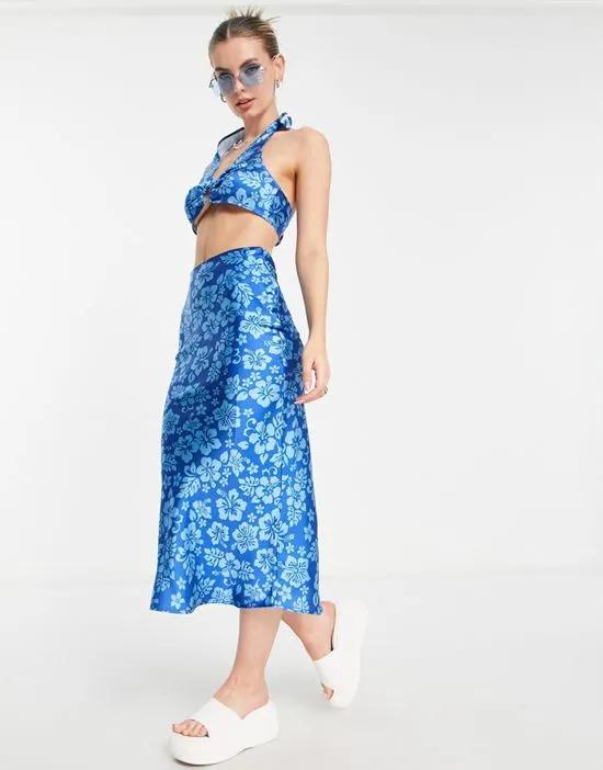 COLLUSION hawaiian print satin slip midi skirt in blue - part of a set