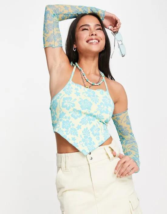 COLLUSION hibiscus print scarf hem halter top with mesh sleeves in multi
