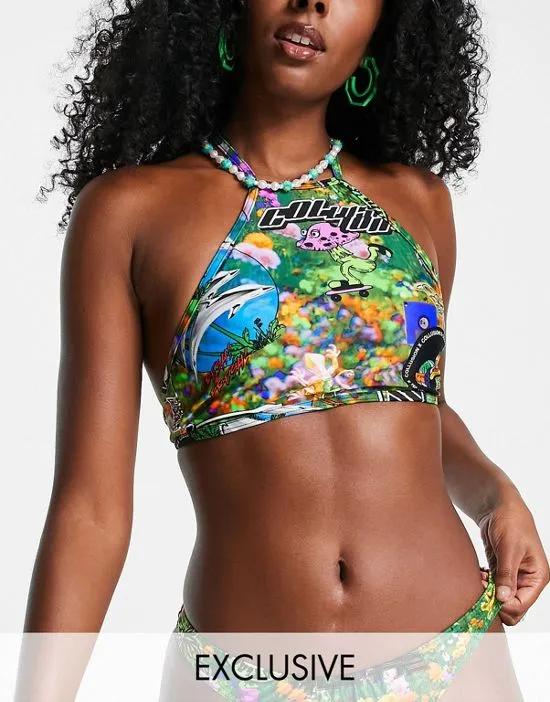 COLLUSION highneck bikini top in collage print - part of a set - MULTI