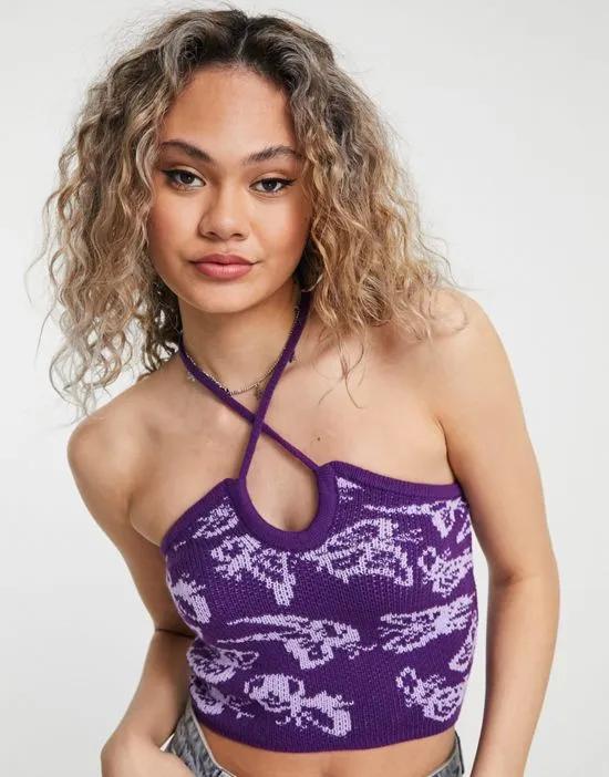 COLLUSION knit warped butterfly print crop top in purple