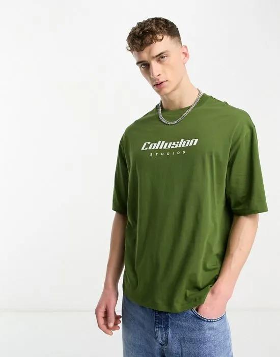 COLLUSION logo reserve t-shirt in dark green