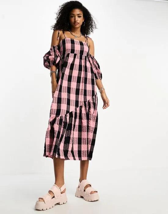 COLLUSION off the shoulder midi dress in pink plaid
