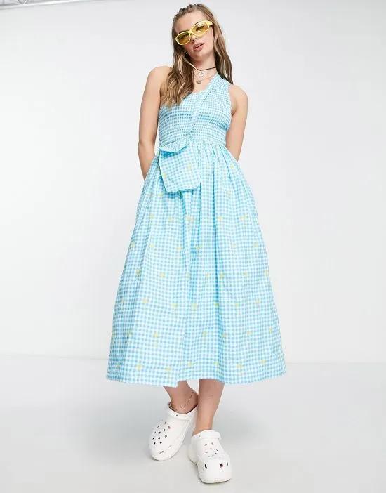COLLUSION one shoulder shirred gingham midi dress with embroidery in blue
