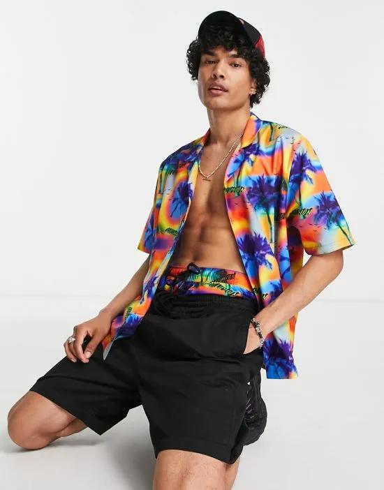 COLLUSION palm print beach camp collar shirt in multi