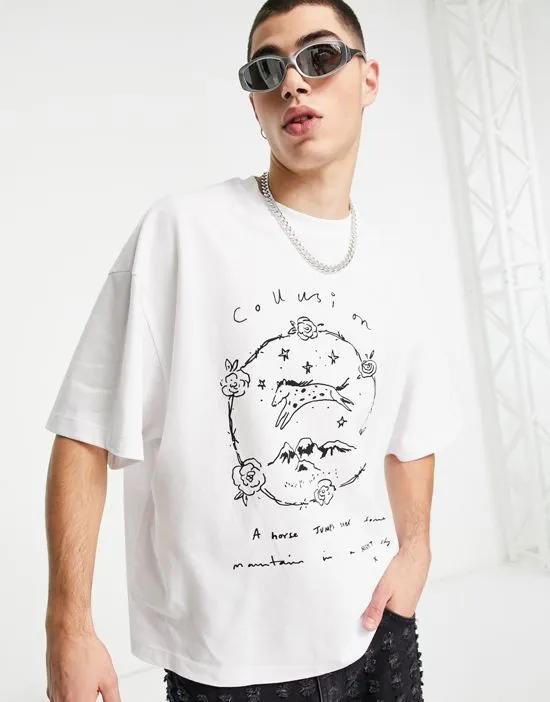 COLLUSION pique front print t-shirt in white