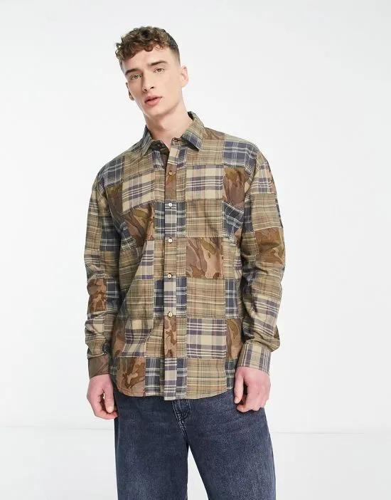 COLLUSION plaid & camo oversized patchwork shirt in khaki - part of a set