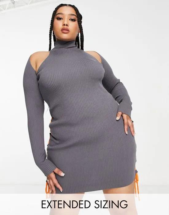 COLLUSION Plus knit body-conscious dress with lace-up details in charcoal with orange