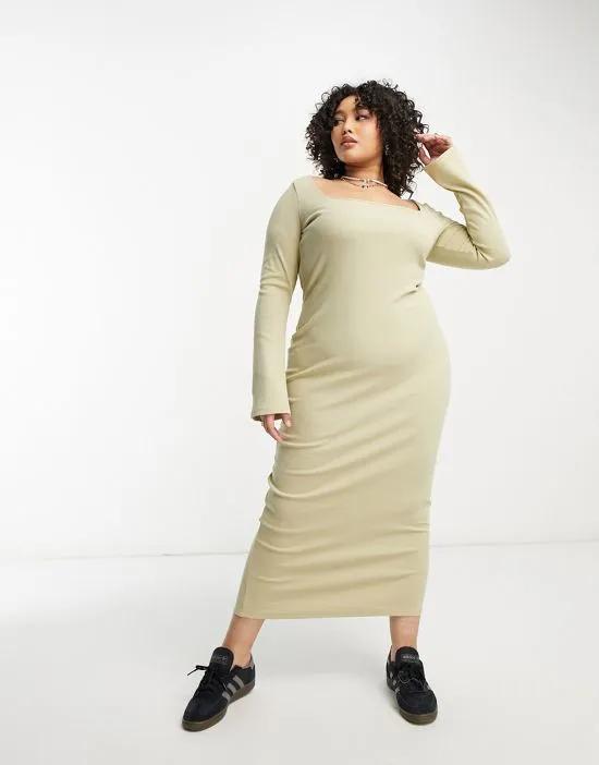 COLLUSION Plus ribbed square neck long sleeve midi dress in green