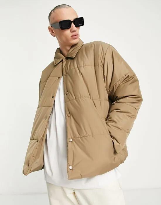 COLLUSION puffer jacket with collar in taupe