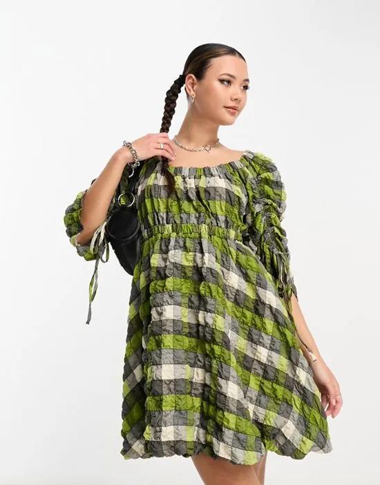COLLUSION ruched sleeve mini dress in green plaid