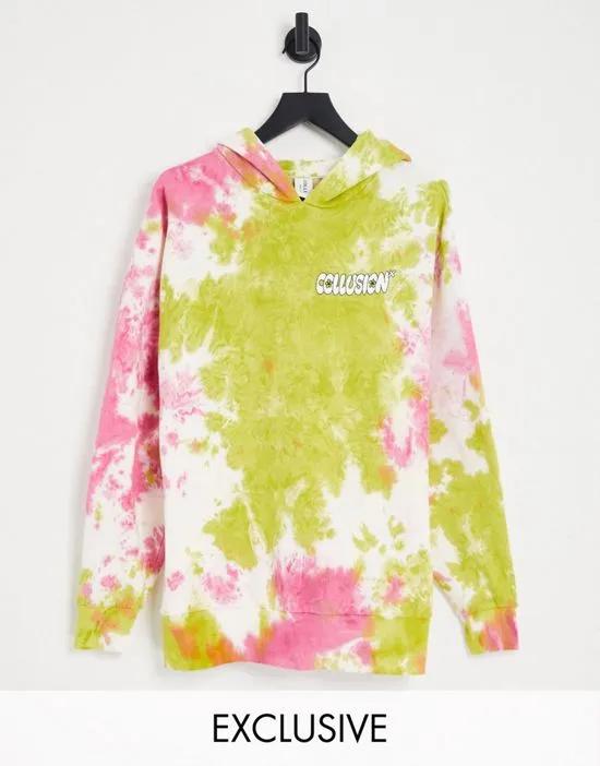 COLLUSION tie dye branded print hoodie in multi