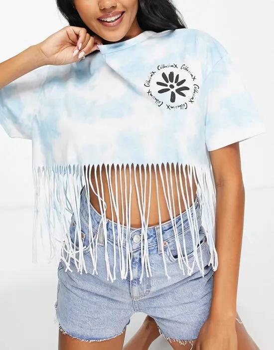 COLLUSION tie dye crop t-shirt with fringing in blue