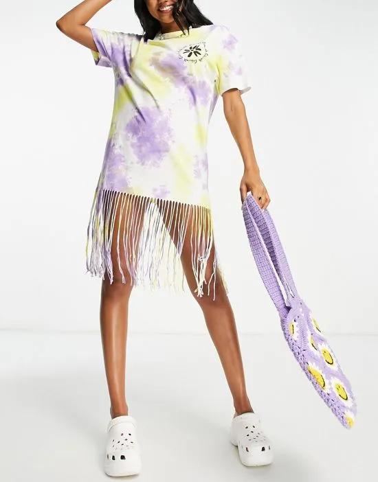 COLLUSION tie dye t-shirt dress with fringing in purple