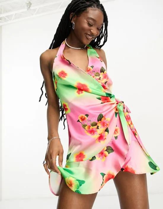 COLLUSION tropical print wrap halter mini dress in multi