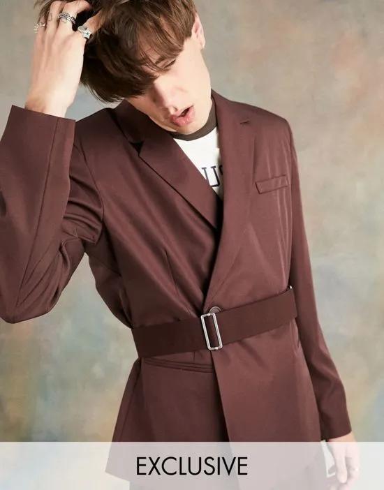 COLLUSION unisex asymetric belted blazer in brown - part of a set