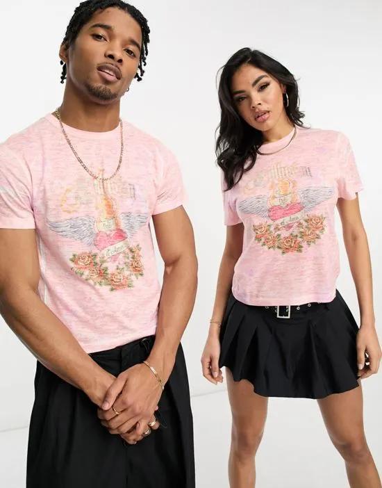 COLLUSION Unisex t-shirt with distressed print in pink
