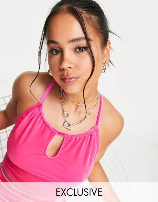 COLLUSION velvet 90s keyhole cami set in neon pink