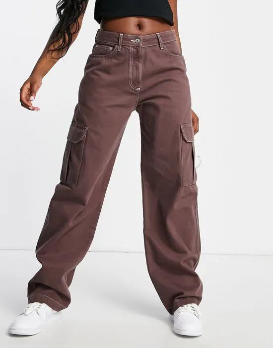 COLLUSION x015 anti fit cargo jeans with contrast stitch in mocha