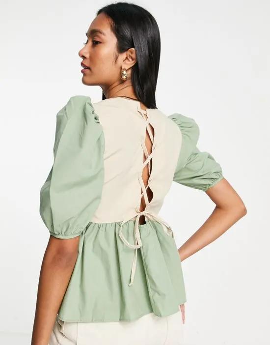 color block cotton smock with lace up back in beige and khaki
