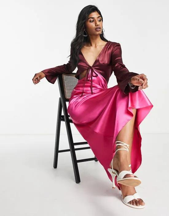 color block satin cut-out midi dress in pink and dark red
