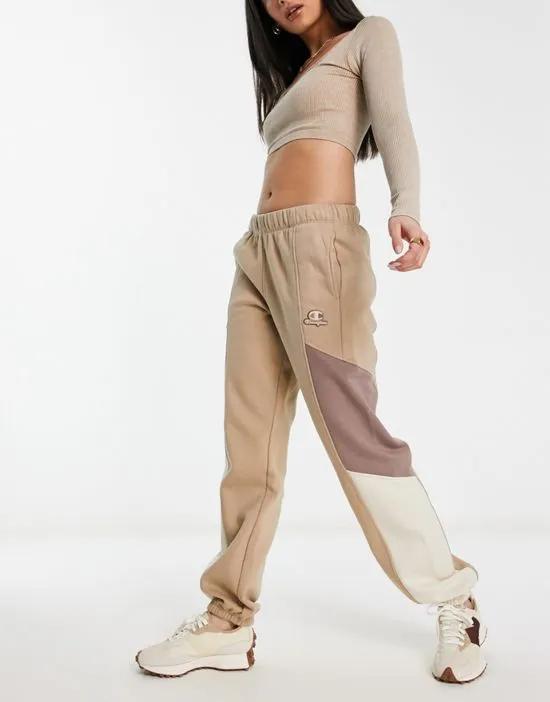 color block sweatpants in brown and cream