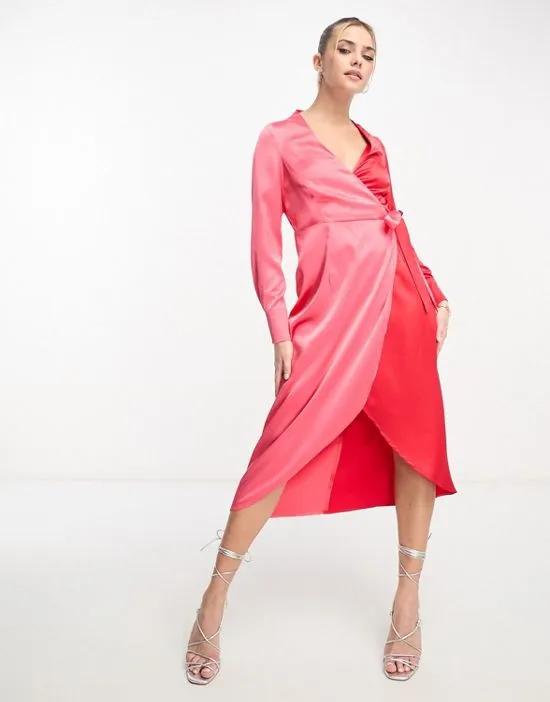 color block wrap midaxi dress in red and pink