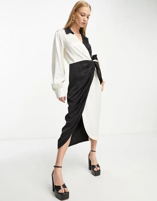 color block wrap midi shirt dress in black and white