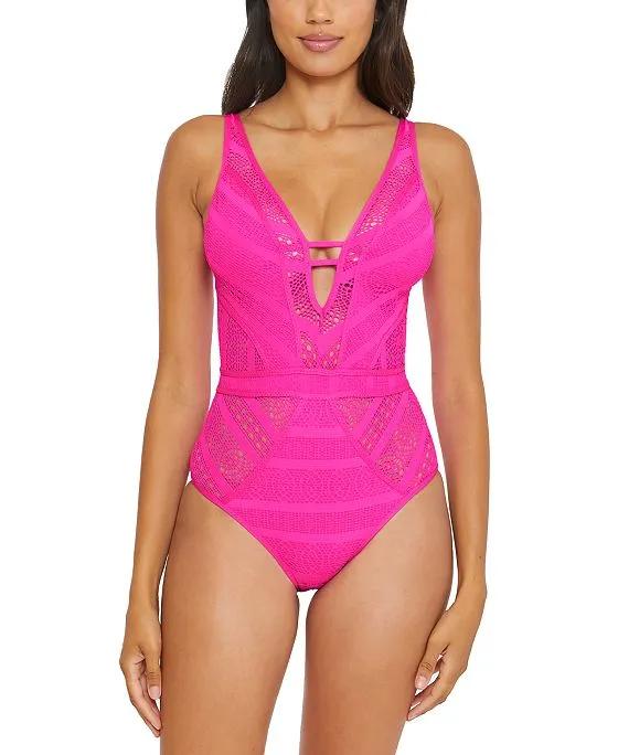 Color Play Crochet Plunge One-Piece Swimsuit