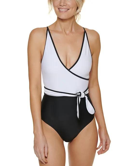 Colorblocked Wrap-Front Tie One-Piece Swimsuit