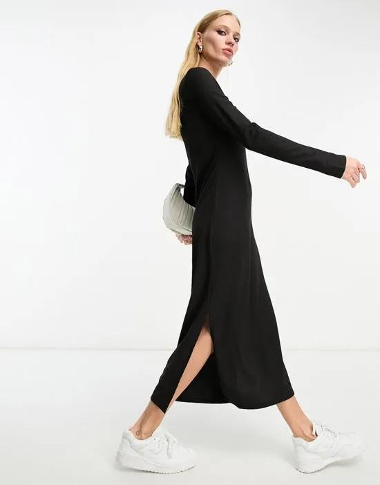 column midi dress with side split in black