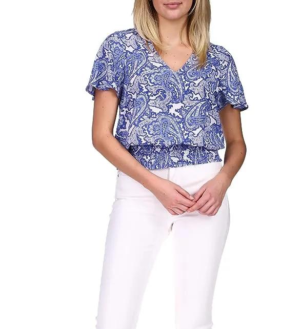 Compact Paisley Smocked Short Sleeve Top