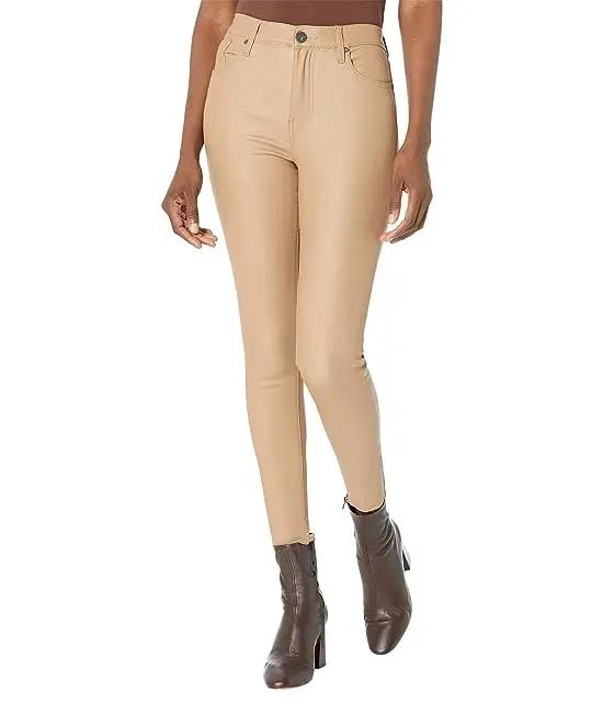 Connie - Coated High-Rise Fab AB Ankle Skinny with Raw Hem in Caramel