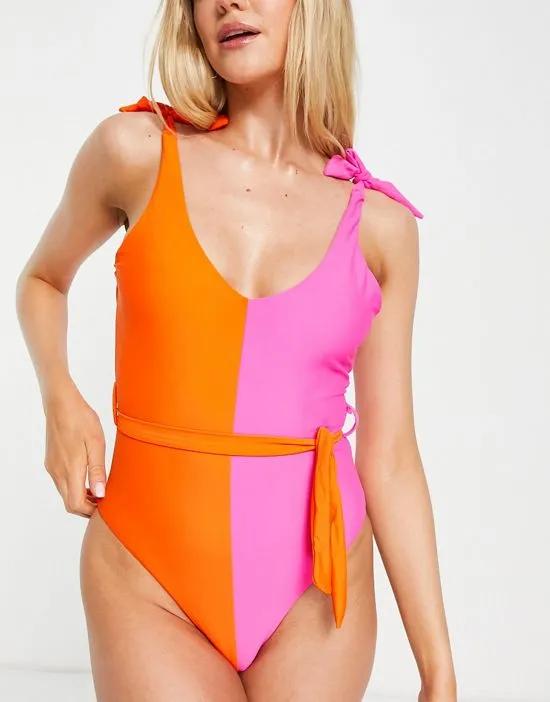 contrast belt swimsuit in color block