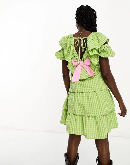contrast bow ruffle gingham mini dress in green