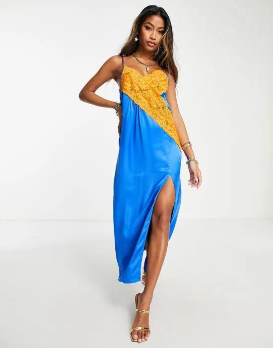 contrast color block slip dress in blue with orange lace