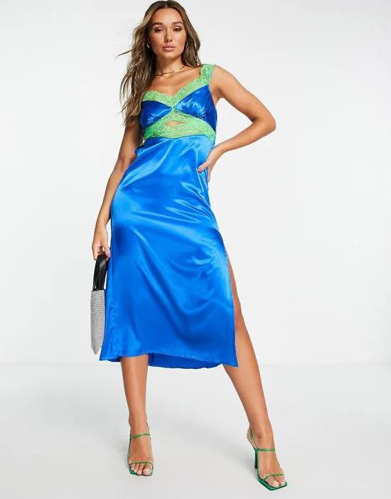 contrast cut out lace satin midi slip dress in blue