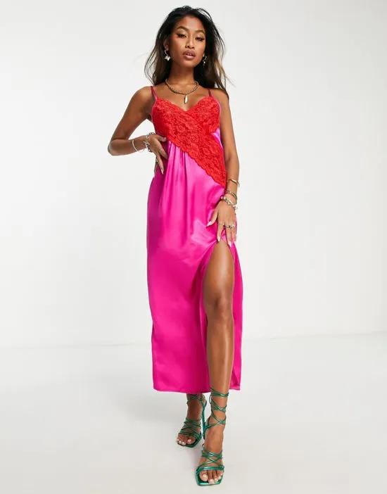 contrast lace color block slip dress in pink