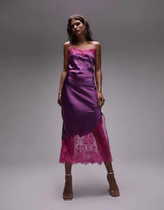 contrast lace midi slip dress in pink and purple