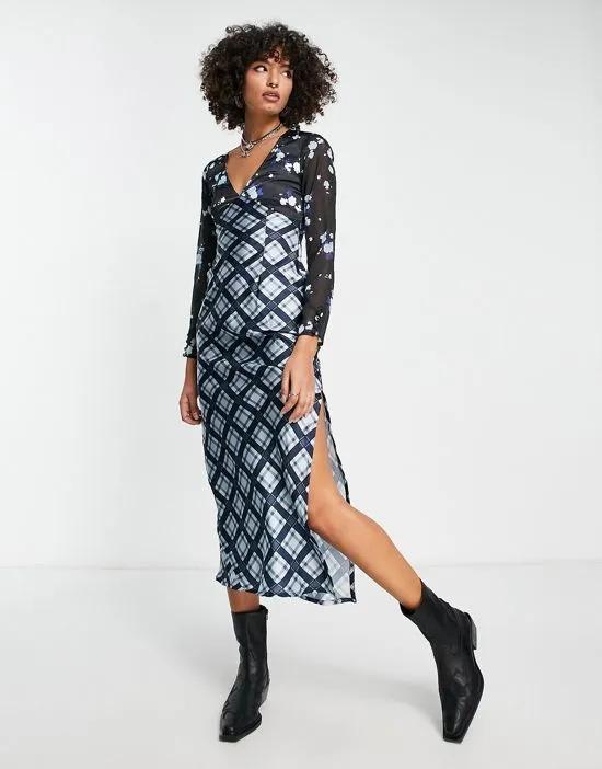 contrast plaid and floral long sleeve midi dress in blue