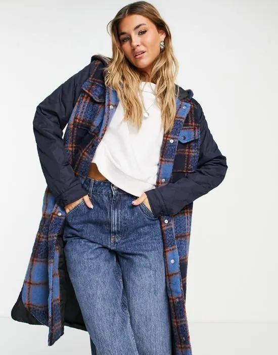 contrast quilting longline coat in blue check